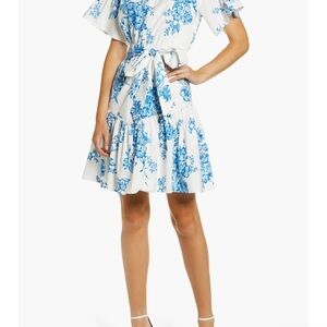 Rachel Parcell Ruffle Front Tie Stretch Cotton Dress Blue Floral Belted Size L